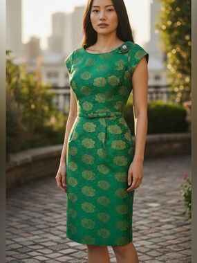 Vintage Floral Brocade Jacquard 50s 60s Dress Green